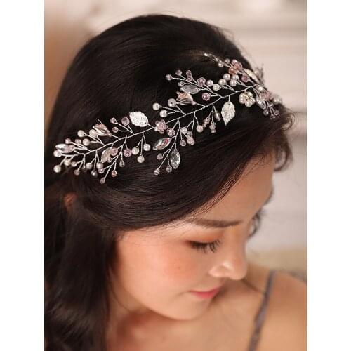 Pink Silver Bridal Headband Leaf Crystal Rhinestone Wedding Hair band Women Bride Hair ornaments Tiara Headband Head Jewelry