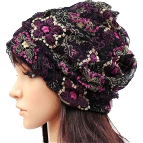 Women Lady Winter Bandana Beanie Turban Head Wrap Band Lace Hat Warm Cap, Black rose red