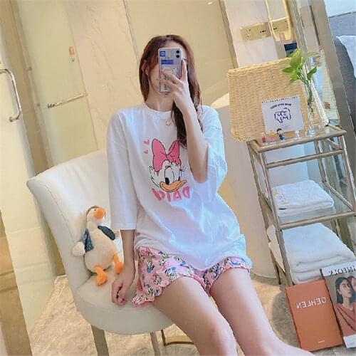 Disney cartoon duck pajamas female summer short-sleeved modal cotton Donald Duck blue thin casual loose home service suit