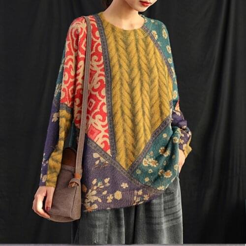 Female Sweater Autumn Knitting Retro Loose Pullovers 2021 New Printed Geometric Flower Tops O-Neck Casual Streetwear All-match