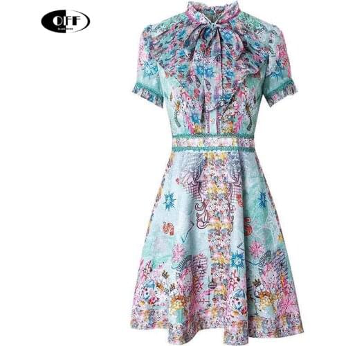 Bohemian Retro Print Flowers Bowknot Stitching Flowers Party Elegant Temperament beach Mini Dresses women summer vestidos robe
