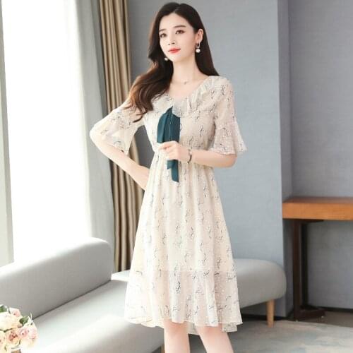 Chiffon Dress Women Summer New Light Color High Waist Vestidos 2020 Womens Lotus Leaf Sleeve Floral Short Sleeve Dress Q164
