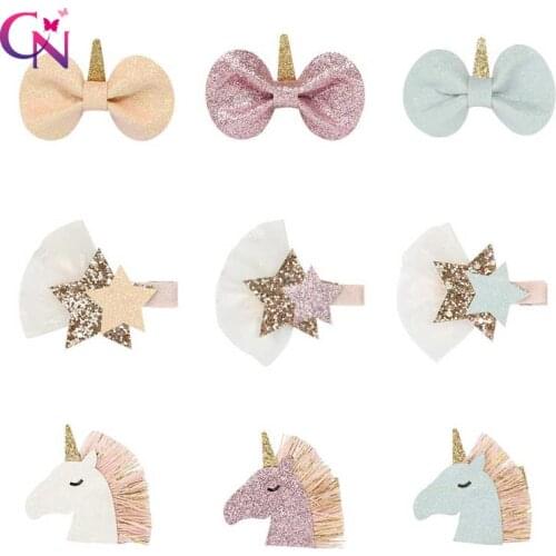CN 2 Pcs/lots Glitter Unicorn Hairclips Cartoon Star Hair Clips Mini Hairpins Kids Headwear Baby Girls Fashion Hair Accessories