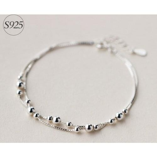 1pc 925 Sterling Silver jewelry 2ROWS Smaller &Bigger Round Ball bEADS chain bracelet Geometric Jewelry adjustable LS127