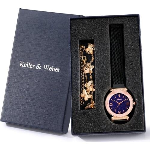 Classic Black Watch Lady Quartz Wristwatch Stainless Steel Mesh Strap Womens Fine Butterfly Bracelet Birthday Gift for Mother