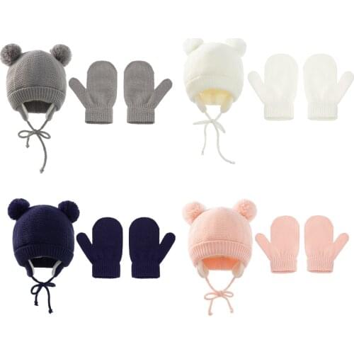 Kids Winter Cap Thick Knit Hat Gloves 3pcs/set Child Cute Pompoms Bonnet Unisex Warm Ear Protection Tether Cap And Tonal Gloves