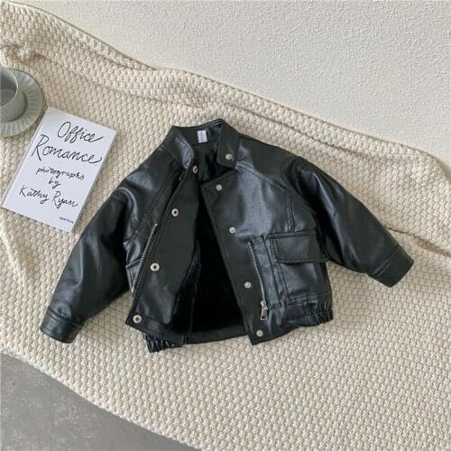 DFXD High Quality 2020 Winter Girls Fleece Faux Leather Jacket Fashion Black Single Breasted Warm PU Coats For 2-8Y Kids Outwear
