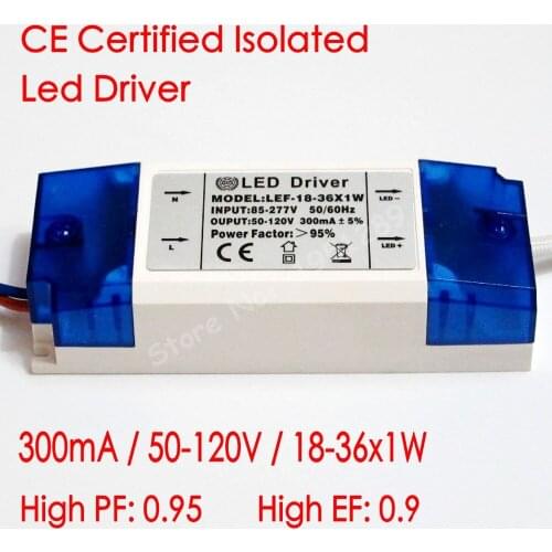 CE Certified Isolated 300mA 18-36x1W Led Driver 18W/20W/24w/26W/30W/36w Power Supply DC 54V - 120V AC 110V 277V for LED lights