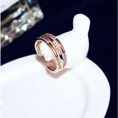 Exquisite shiny double row Zircon Ring small square Zircon C-shaped double Resizable Rose Gold Ring
