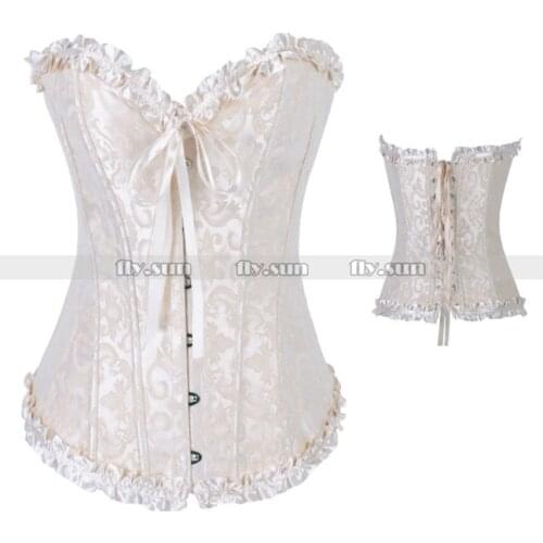 Champagne Brocade Boned Overbust Steel Busk Corset Lace Up Basque Shapewear S M L XL 2XL