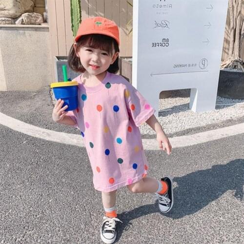 Summer Girls Dress 2-7T Round Neck Loose Casual Kids Half Sleeve Leisure Long T-shirt Dress Children Clothes for Daily Life