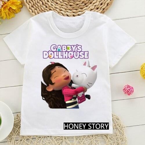Summer Tees Kawaii Girls T-shirts Cute Doll House Cartoon Print Childrens Tshirt Girls Clothes White Camisole Tops