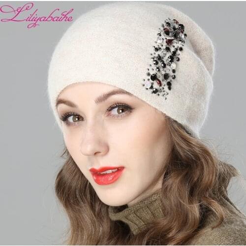 LILIYABAIHE Women Autumn And Winter Hat angora Knitted Skullies Beanies Cap Colored vertical strip diamond decoration hats