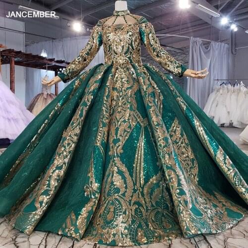 LS11093 Green Long-sleeved Muslim Evening Dress New High Neck Shiny Frill Gold Applique Print Pattern платья в пол вечерние 2021