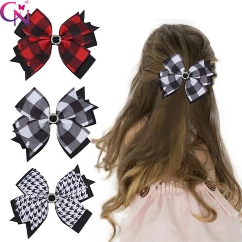 CN 3pcs/lot 4.5" Cute Houndstooth Hair Clips For Baby Girls Black&White Rhinestone Hair bows Hairpins Fashion Hair Accessories
