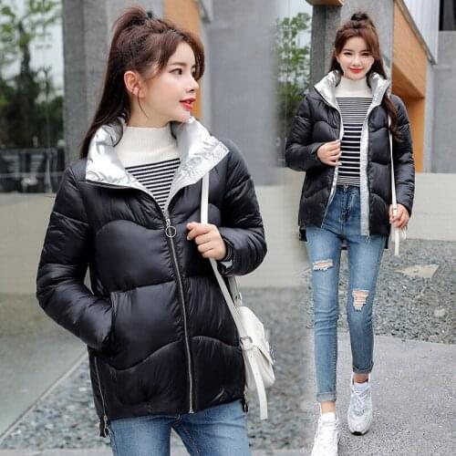 Fashion Womens Shiny Parkas Korean Style Stand-up Collar Cotton Padded Jacket Office Lady Loose Short Bread Coat Puffer Jackets