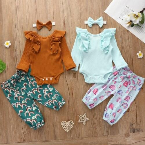 0-18M Babies Girls Rainbow Clothes Cotton Ruffles Romper Tops Pants Headband 3Pcs Spring Clthing Outfts