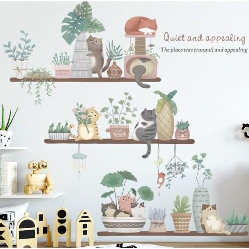 Potted Plant Leaves Cat Wall Stickers for Home Decor Living Room Bedroom Kitchen Vinyl Wall Decals Bonsai Mural DIY Room Decor