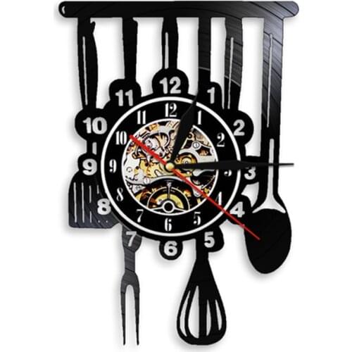 Cutlery Farmhouse Kitchen Art Sign Wall Clock Dinning Room Restaurant Cutlery Wall Decor Vintage Utensil Vinyl Record Wall Clock