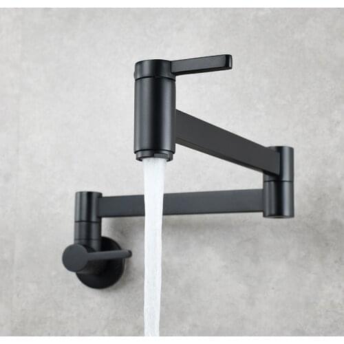 Pot Filler Tap Wall Mounted Foldable Kitchen Faucet Single Cold Single Hole Black Sink Tap Rotate Folding Spout Gold Brass