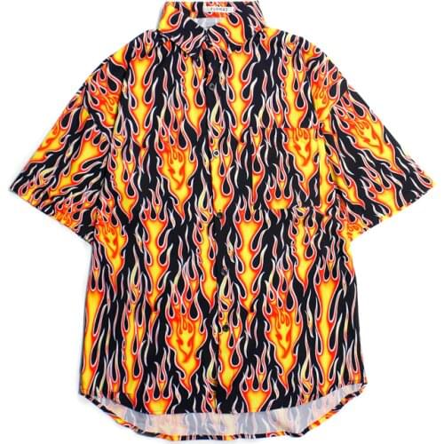 New Japanese retro flame print streetwear loose casual short-sleeved shirt