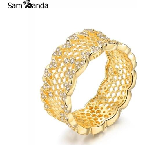 Original 100% 925 Sterling Silver Ring Honeycomb Lace Vintage Rings Gold CZ Bee Wedding Band Anillos Women Jewerlry