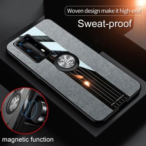 Anti Slide Woven PU Leather Case TPU Cover For Huawei P40 P40ro Plus with Car Magnet Ring Stand Holder