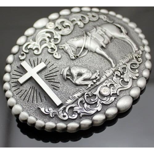 Vintage Belt Buckle Retro Silver Plated Western Cowboy Prayer Cross Horse Oval Dome Scroll Line Dance Gift Jewelry Accessories