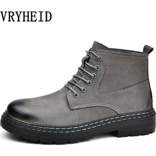 VRYHEID Cow Leather Men Boots High Top Winter Warm Mens Boots Casual Wear-Resistant Ankle Boots Genuine Leather Military Shoes