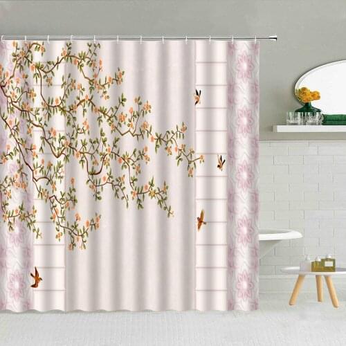 Pink Chinese Flower Bird Scenery Shower Curtain Pomegranate Tree Spring Floral Landscape Bathroom Decor Waterproof Hook Curtains