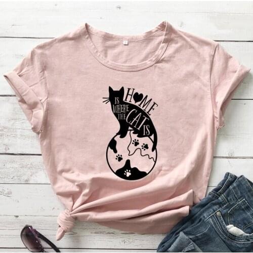 Home Is Where The Cat Is T-shirt Cute Cat Mom Gift Tshirt High Quality Womens Hipster Graphic Tees Tops Drop Shipping