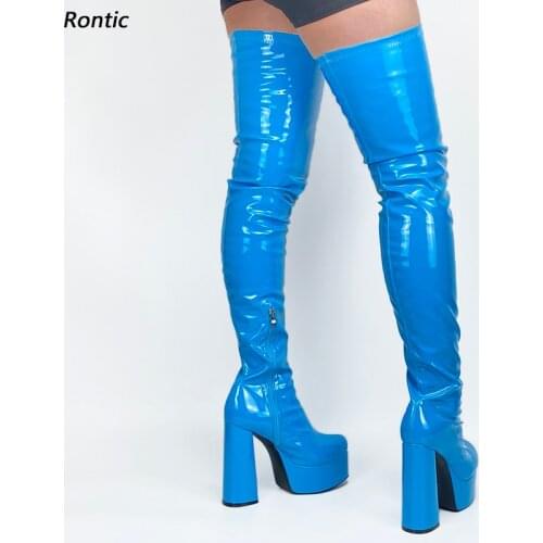 Rontic New Handmade Women Spring Thigh Boots Waterproof Chunky Heels Round Toe Pretty Pink Red Fuchsia Party Shoes Size 34 45 47