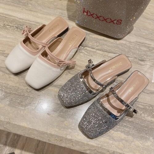 Women Slippers Mules Flat Casual Shoes British Buckle Slides silver Heels Summer Half Slippers Elegant Ladies Office Shoes