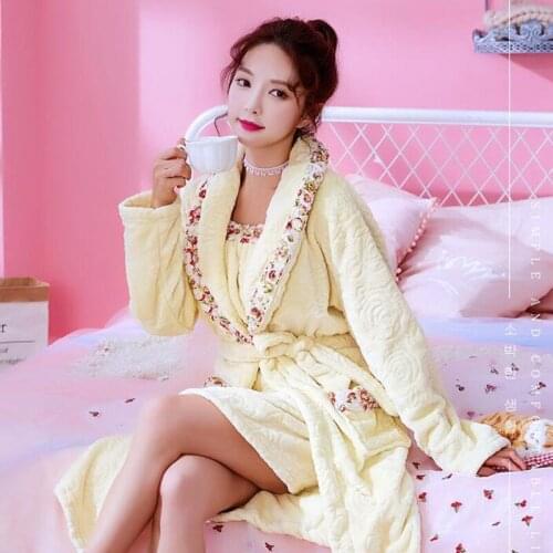Women Gown 2pcs Sleepwear Suit Girls New Autumn Winter Flannel Coral Velvet Housewear Female Warm Thickened Lady Nightgown H5632