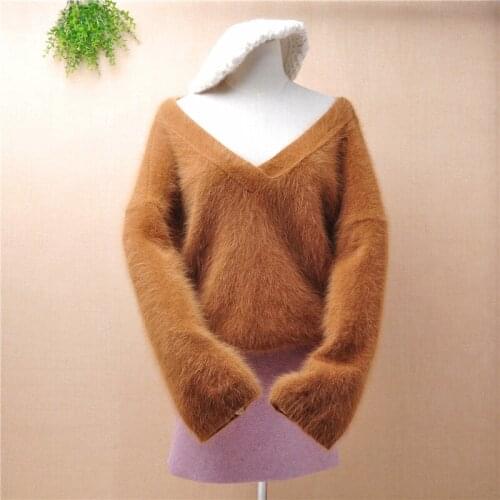 Sexy fashion ladies women hairy mink cashmere deep v-neck long sleeves pullover angora rabbit fur winter jumper sweater tops
