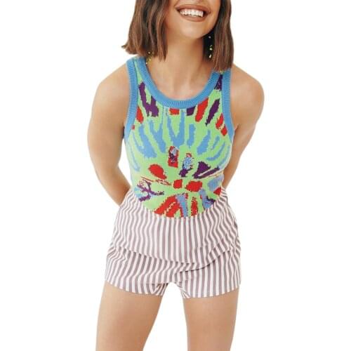 Women Knitted Sweaters Vest Abstract Geometric Printed Round Collar Sleeveless Pullover Jumpers Summer Autumn New Sweaters