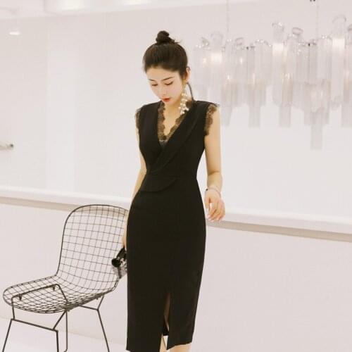 2021 Summer Dress New Womens Sexy V-neck Lace Stitching Style Fork Sleeveless Dress