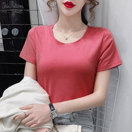 2021 Summer Round Neck Cotton T-shirt Solid Color Short Sleeve T-shirt Girl Pluse Size 5XL Korean Commute Slim Shirt Women 13625