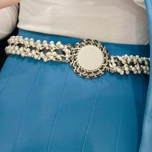 2021New fashion charei Metal chain waist chain for ladies versatile pearl decorative leather belt women with dress pants skirt