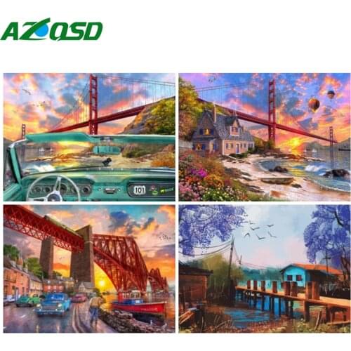 AZQSD Oil Painting Drawing On Canvas City Bridge Sunset Acrylic Paint Painting By Numbers Landscape Living Room Decoration