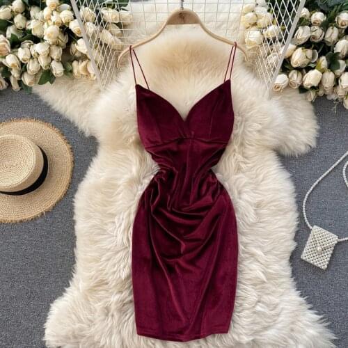 Sexy Spaghetti Strap Velvet Dress Deep V Neck Sleeveless High Waist Mini Bodycon Dress Backless Evening Party Dresses Vestidos
