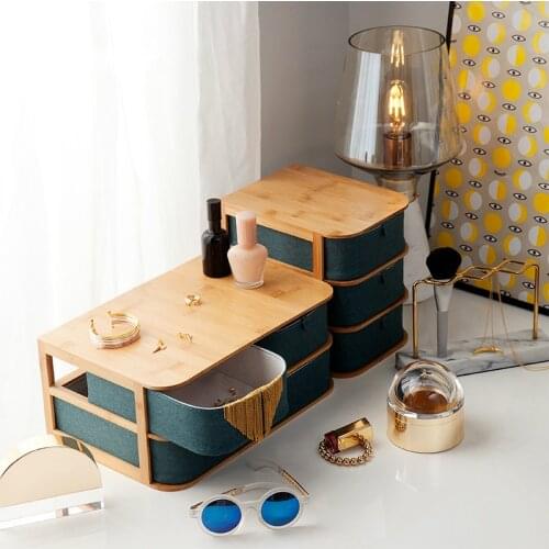 Wooden Storage Box with Cloth Drawers Small Desktop Organizer Rectangle Drawer-type Cosmetics Jewelry Finishing Box Container