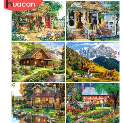 HUACAN 5D DIY Full Square Round Diamond Painting House Diamond Embroidery Landscape Mosaic Flower Rhinestones Art