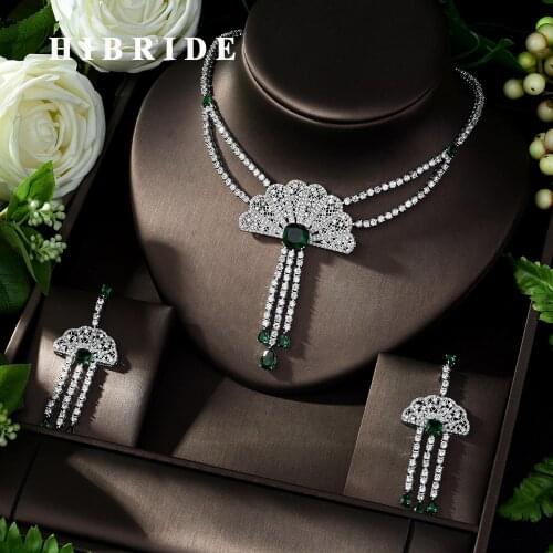 HIBRIDE New Fashion Luxurious Classic Crystal Pendant Green Color Zircon Necklace Earring Set Wedding Accessories Bijoux N-1010