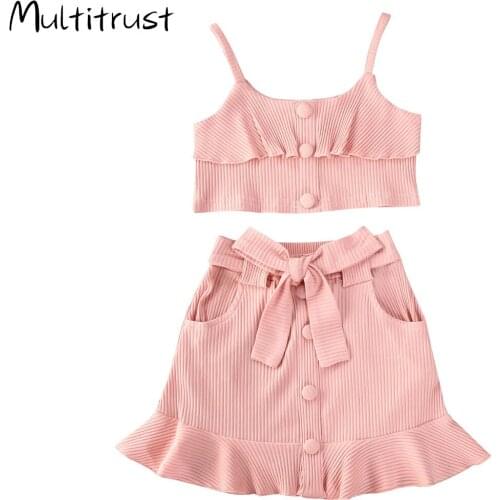 Multitrust Kids Girls 2 Piece Summer Outfits Sling Ruffle Tube Top + Buttons Pocket Flared Mini Skirts