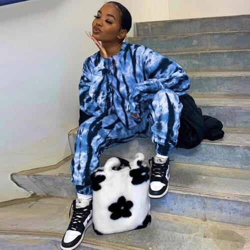 Biker Style Two Piece Set Womens Festival Clothing Tie Dye Print Long Sleeve Sweatshirt and Baggy Sweatpant Casualwear Suits