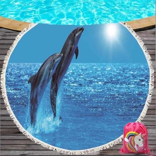 Dolphin Ocean Fish Round Beach Towel Tassels Microfiber Beach Towels For Living Room Home Decorative Drawstring Backpack Bag