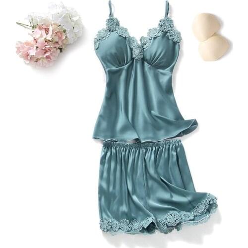 Lace Flower Trim 2PCS Satin Sleep Suit Women Sexy V-Neck Strap Top&Shorts Sleepwear Lounge Intimate Lingerie With Bra Nightwear