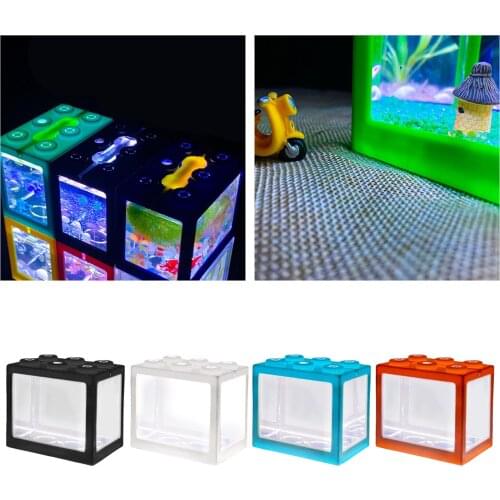 Mini Fish Tanks Betta Fish Tank Aquarium Tank Building Block Fish Bowl Office Table Decoration Home Decor LED Light Feeding Box