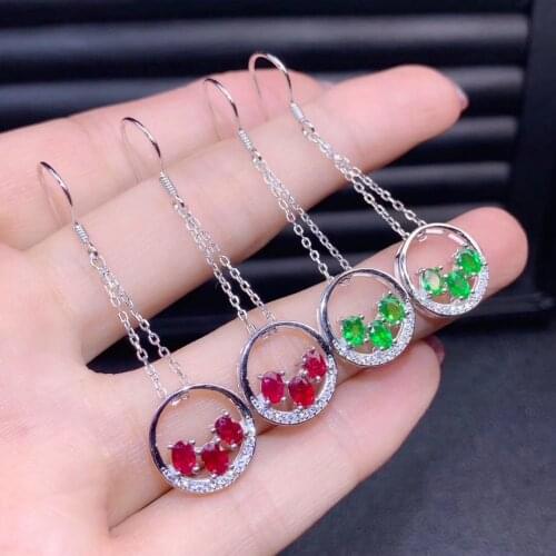 Fashion circle line Tassels Natural green Tsavorite drop earrings 925 silver natural red ruby earrings women party gift jewelry